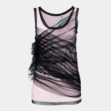 Pre Owned Valentino Pink/ Black Mesh Overlay Ruffled Detailed Top L