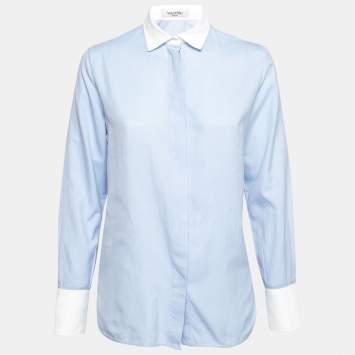 Pre Owned Valentino Blue & White Cotton Oxford Flared Shirt M
