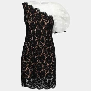Pre Owned Valentino Black Floral Lace One-Shoulder Dress S