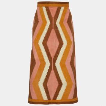 Pre Owned Valentino Peach Suede Patchwork Midi Skirt S