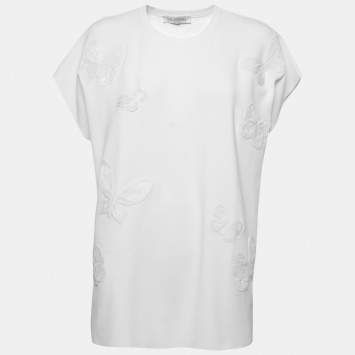 Pre Owned Valentino White Stretch Knit Butterfly Bead Embroidered Top L