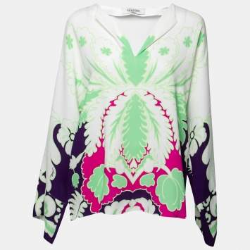 Pre Owned Valentino Multicolor Floral Print Silk V-Neck Top M