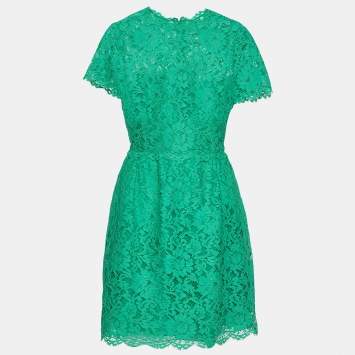 Pre Owned Valentino Green Floral Lace Knee-Length Dress M
