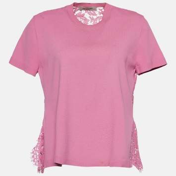 Pre Owned Valentino Pink Knit & Floral Lace Peplum Top M