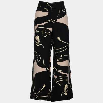 Pre Owned Valentino Black Panther Print Silk Cady Wide Leg Trousers M