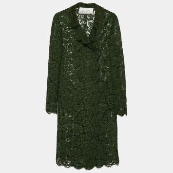 Pre Owned Valentino Dark Green Floral Lace Coat & Skirt Set M