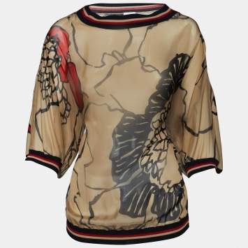 Pre Owned Valentino Beige Abstract Print Silk & Knit Sheer Top L