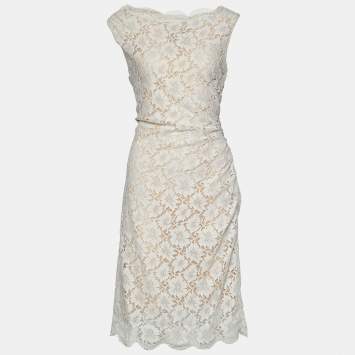 Pre Owned Valentino White Floral Lace Ruched Sleeveless Dress L