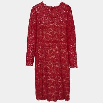 Pre Owned Valentino Red Floral Lace Bow Detail Knee-Length Dress L