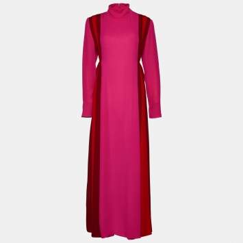Pre Owned Valentino Color Block Silk Mock Neck Pleated Maxi Dress M