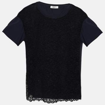 Pre Owned Valentino Black Crochet Lace & Knit Short Sleeve Top XL