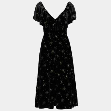 Pre Owned Valentino Black Glitter Star Print Velvet Ruffled Midi Dress M