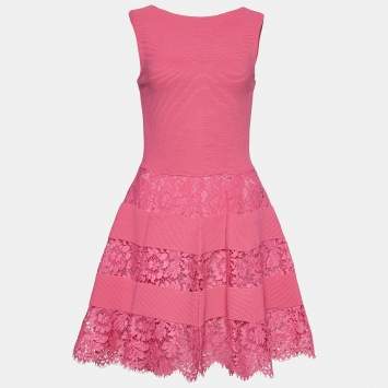 Pre Owned Valentino Pink Knit & Lace Paneled Sleeveless Dress M