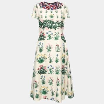 Pre Owned Valentino Cream Crepe-Wool Primavera Print Midi Dress M