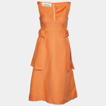 Pre Owned Valentino Orange Wool & Silk Bow Detail Sleeveless Dress XS