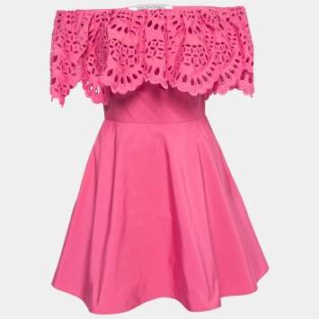 Pre Owned Valentino Pink Lace Frill Off-Shoulder Mini Dress S