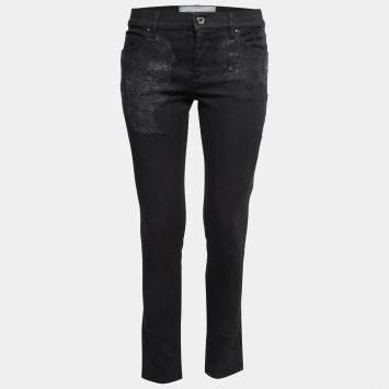 Pre Owned Valentino Black Denim Lace Trimmed Jeans M Waist 31"