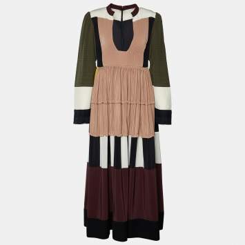 Pre Owned Valentino Color Block Silk Tiered Midi Dress S