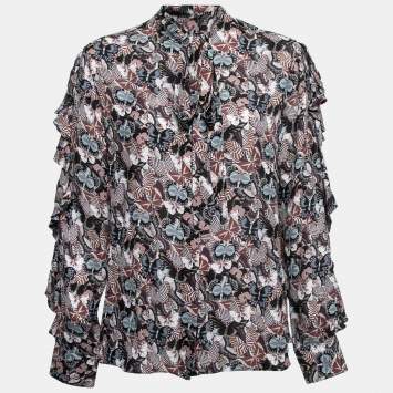 Pre Owned Valentino Black Butterfly Print Silk Ruffled Shirt L