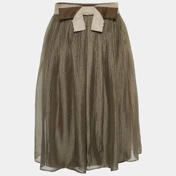 Pre Owned Valentino Vintage Olive Green Crepe Silk Bow Detail Skirt M