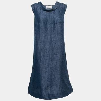 Pre Owned Valentino Navy Blue Patterned Jacquard Folded-Collar Dress XL
