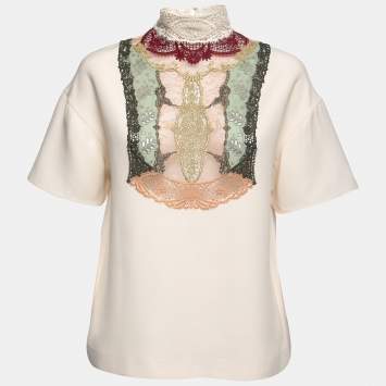 Pre Owned Valentino Beige Crepe Embroidered Lace Inset High Neck Top S