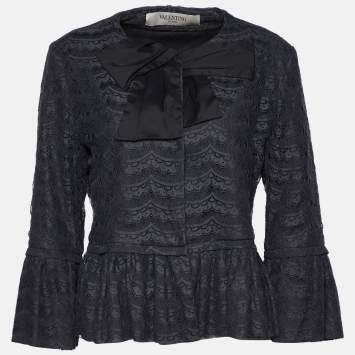Pre Owned Valentino Black Lace Pleated Detail Button Front Jacket L
