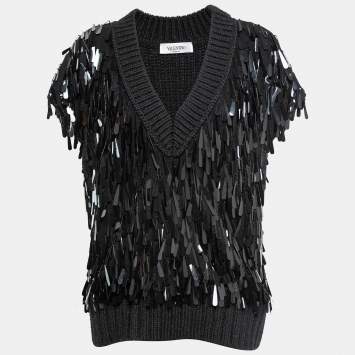 Pre Owned Valentino Black Sequin Embellished Wool Sweater Vest S