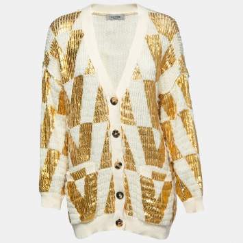 Pre Owned Valentino White & Gold Coated Wool Knit Oversized Cardigan XS
