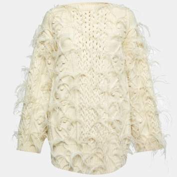 Pre Owned Valentino Cream Wool Knit Feather Embellished Long Sleeve Jumper M