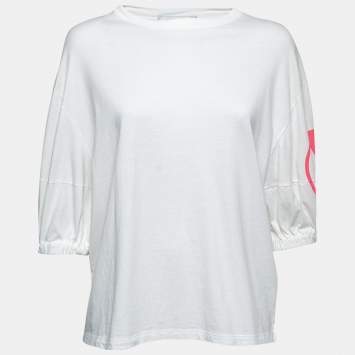 Pre Owned Valentino White Cotton V-Logo Printed Round Neck T-Shirt XS