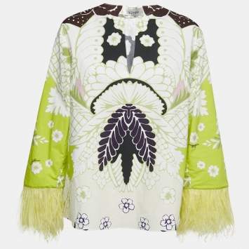 Pre Owned Valentino Lime Green Printed Cotton Ostrich Trim V-Neck Top S
