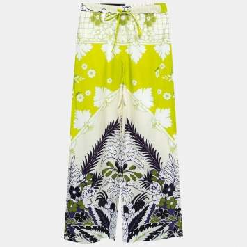 Pre Owned Valentino Lime Green Printed Cotton Drawstring Pants S