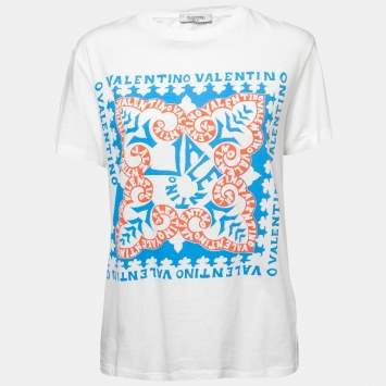 Pre Owned Valentino White Logo Printed Cotton Short Sleeve T-Shirt XS