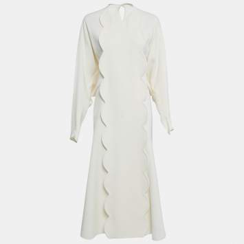 Pre Owned Valentino Cream Scallop Detail Full Sleeve Dress M