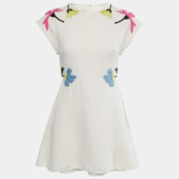 Pre Owned Valentino Cream Crepe Floral Applique Mini Dress S