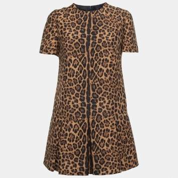Pre Owned Valentino Brown Animal Print Wool And Silk Pleated Midi Dress M
