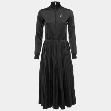 Pre Owned Valentino Black Jersey VLTN Print Pleated Midi Dress M