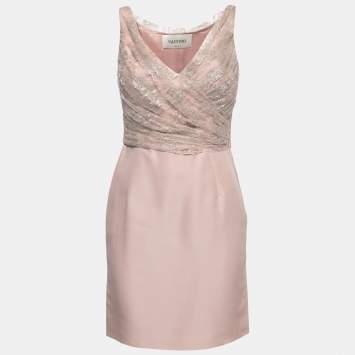 Pre Owned Valentino Blush Pink Floral Lace Ruched Midi Dress M