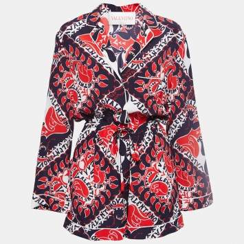 Pre Owned Valentino Red/Blue Manifesto Print Silk Playsuit S
