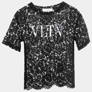 Pre Owned Valentino Black Floral Lace VLTN Print Top S