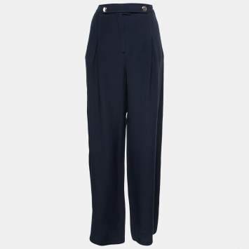 Pre Owned Valentino Navy Blue Silk Crepe Wide Leg Trousers M