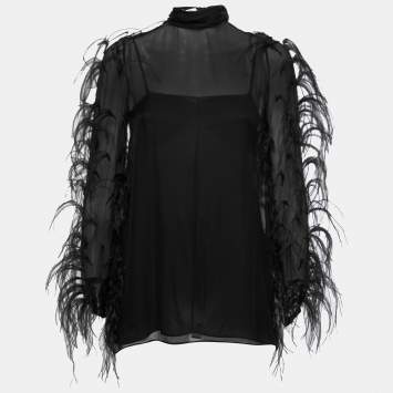 Pre Owned Valentino Black Silk Ostrich Feather Detail Sheer Tie Neck Blouse S