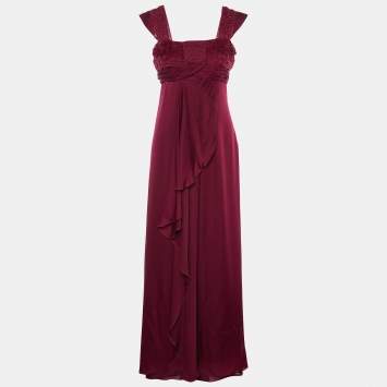 Pre Owned Valentino Burgundy Silk Smocked & Draped Maxi Dress M