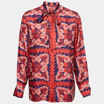 Pre Owned Valentino Red Bandana Print Silk Tie Neck Shirt S