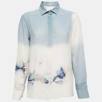 Pre Owned Valentino Blue Printed Silk Chiffon Button Front Shirt M