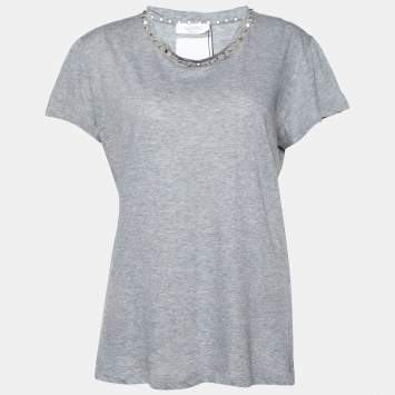 Pre Owned Valentino Grey Rockstud Neck Detail Cotton Knit T-Shirt XL