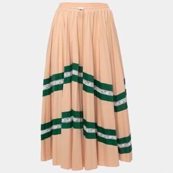 Pre Owned Valentino Beige Jersey Lace Trim Detail Pleated Midi Skirt S