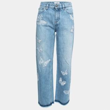 Pre Owned Valentino Light Blue Denim Butterfly Patched Fringed Jeans M Waist 28"