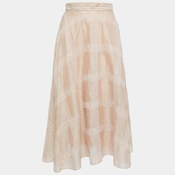 Pre Owned Valentino Beige Cotton and Lace Trimmed Midi Skirt S